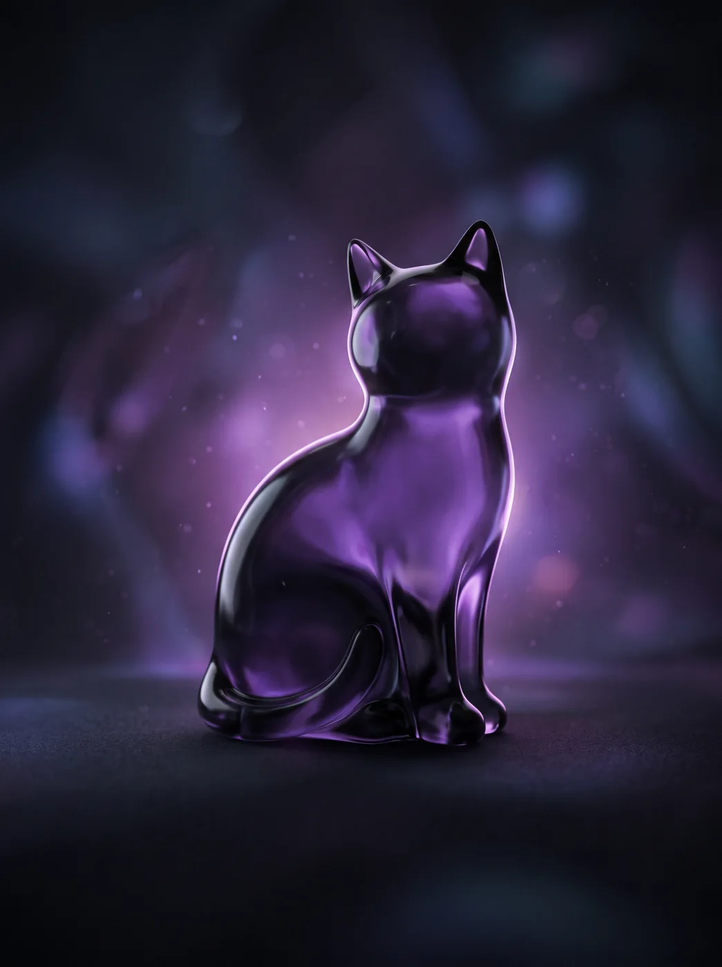 ガラス細工のような透明感のある黒猫のシルエット。紫色の光を背景に浮かび上がる、ゼリーやガラスのように艶やかな黒猫のシルエットを捉えた美しい抽象的な画像素材です。