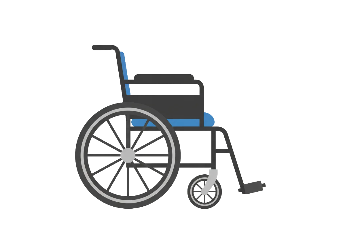 車椅子のフラットなイラスト素材（背景なし）。シンプルで汎用性の高い、横向きの車椅子イラストです。福祉、介護、医療関連のデザイン素材としてご利用いただけます。