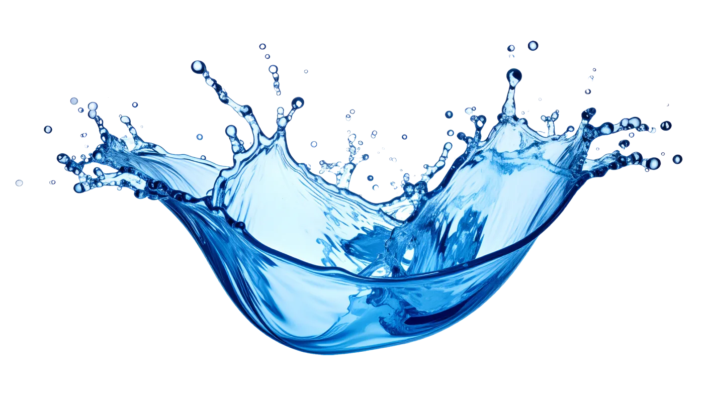 青い水しぶきがダイナミックに飛び散る瞬間。白い背景に鮮やかに映える青い水が、勢いよく広がり飛び散る水滴が清涼感と躍動感を表現した素材です。