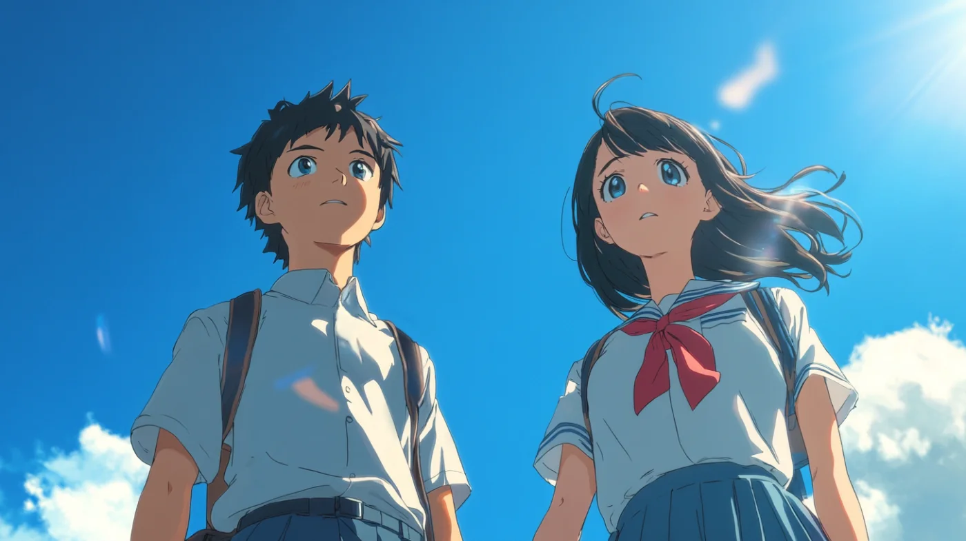 青空を見上げる制服の少年少女。夏の青空の下、制服を着た少年と少女が上を見上げています。