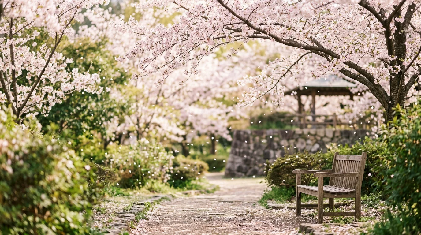 桜舞い散る公園の小道と木製ベンチ。満開の桜が美しく舞い散る春の公園で、小道脇に佇む木製ベンチと奥に見える東屋が穏やかな風景を醸し出しています。