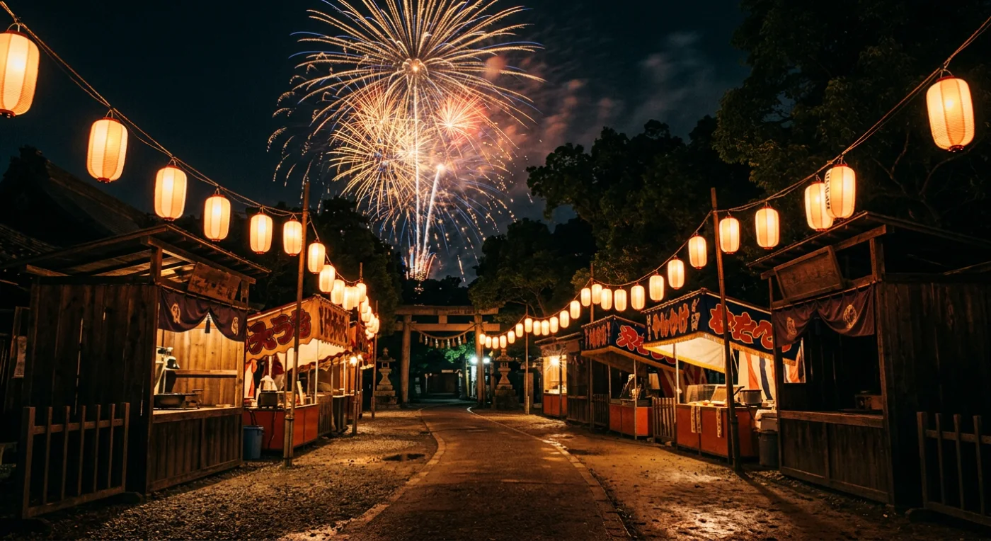 日本の夏祭り夜景：花火と提灯が彩る縁日の情景。夏の夜空に大輪の花火が咲き乱れ、参道には温かい光を放つ提灯と賑やかな屋台が立ち並ぶ、日本の伝統的な夏祭りの風景です。鳥居を背景にした幻想的な夜の情景が、祭りの雰囲気を一層盛り上げます。