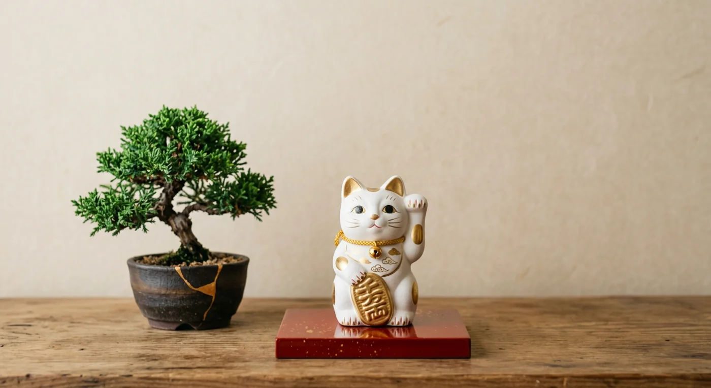 金色の招き猫とミニ盆栽が彩る和風インテリア。金色のアクセントが施された招き猫と、趣のあるミニ盆栽が並べられた、穏やかな和風空間の画像です。