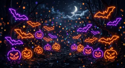 ネオンが輝くハロウィンの夜の背景素材。オレンジとパープルのネオンに彩られたコウモリとカボチャが不気味に光る、ダークで幻想的なハロウィンの夜の背景素材です。