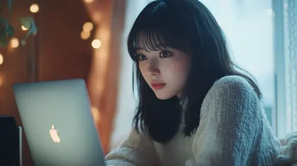 ノートPCでチャットする若い女性。窓際でノートパソコンを操作し、チャットをしている若い女性のクローズアップ。