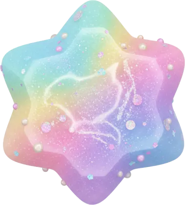 ぷっくり可愛い虹色星型クリスタルキャンディの3D素材。パステルレインボーカラーのグラデーションが美しい、ぷっくりとした星型のクリスタルキャンディです。表面にはキラキラのラメやパールが散りばめられ、中央にはうさぎのような模様が浮かび上がっています。