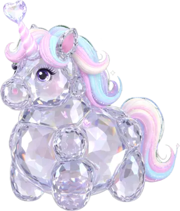 ぷっくりクリスタルユニコーン 夢かわいいキラキラ3D素材。キラキラと輝くクリスタルでできた、パステルカラーのたてがみが特徴的な、ぷっくりフォルムの夢かわいいユニコーン3Dイラストです。