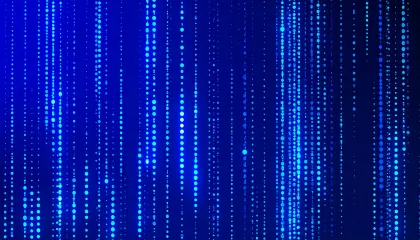 青い光のパーティクル背景。青い光の粒が縦に連なり、幻想的な輝きを放つ抽象的な背景画像です。