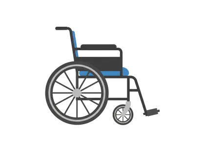 車椅子のフラットなイラスト素材（背景なし）。シンプルで汎用性の高い、横向きの車椅子イラストです。福祉、介護、医療関連のデザイン素材としてご利用いただけます。