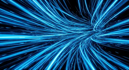 青い光のスピードトンネル。黒い背景に青い光の線が高速で流れていく、スピード感あふれる抽象的な背景画像です。