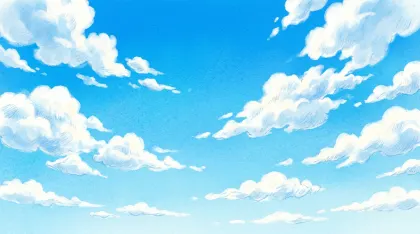 夏の青空に浮かぶ白い雲のイラスト。夏の晴れた日の青空に、綿菓子のような白い雲がふんわりと浮かんでいる様子を描いたイラストです。