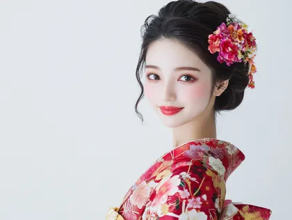 華やかな振袖姿の日本人女性ポートレート。赤い振袖と華やかな花飾りを身につけた美しい日本人女性が、優しい笑顔でカメラを見つめるポートレートです。