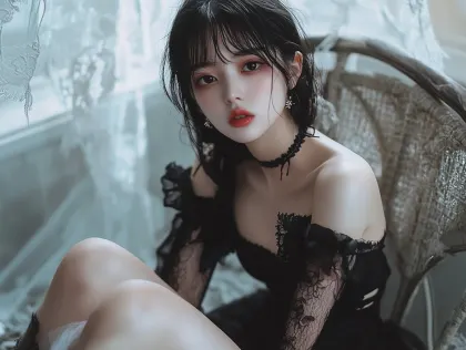 レースの黒ドレスとチョーカーが魅力的な幻想的ポートレート。黒いレースのオフショルダードレスとチョーカーを着用し、アンニュイな表情でこちらを見つめる女性のポートレート素材です。ゴシック、ダークファンタジー、大人っぽいイメージのコンテンツに最適です。
