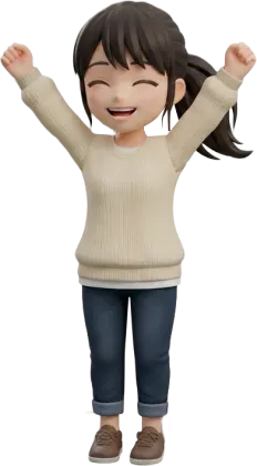 喜びを表現する女性の3Dキャラクターイラスト。目標達成や成功の瞬間を全身で喜び、腕を高く上げて笑顔を見せる若い女性の3Dイラスト素材です。
