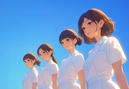 青空と白い制服の女性たち。澄み切った青空を背景に、白い制服を着た4人の女性が明るい笑顔で並び立つ、清潔感あふれるイラスト素材です。未来への希望やチームワーク、爽やかなイメージを表現するのに適しています。