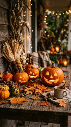 温かい光が灯る、秋のハロウィンデコレーション。温かい光に包まれたジャック・オー・ランタンと秋の収穫物、居心地の良いハロウィンシーンです。